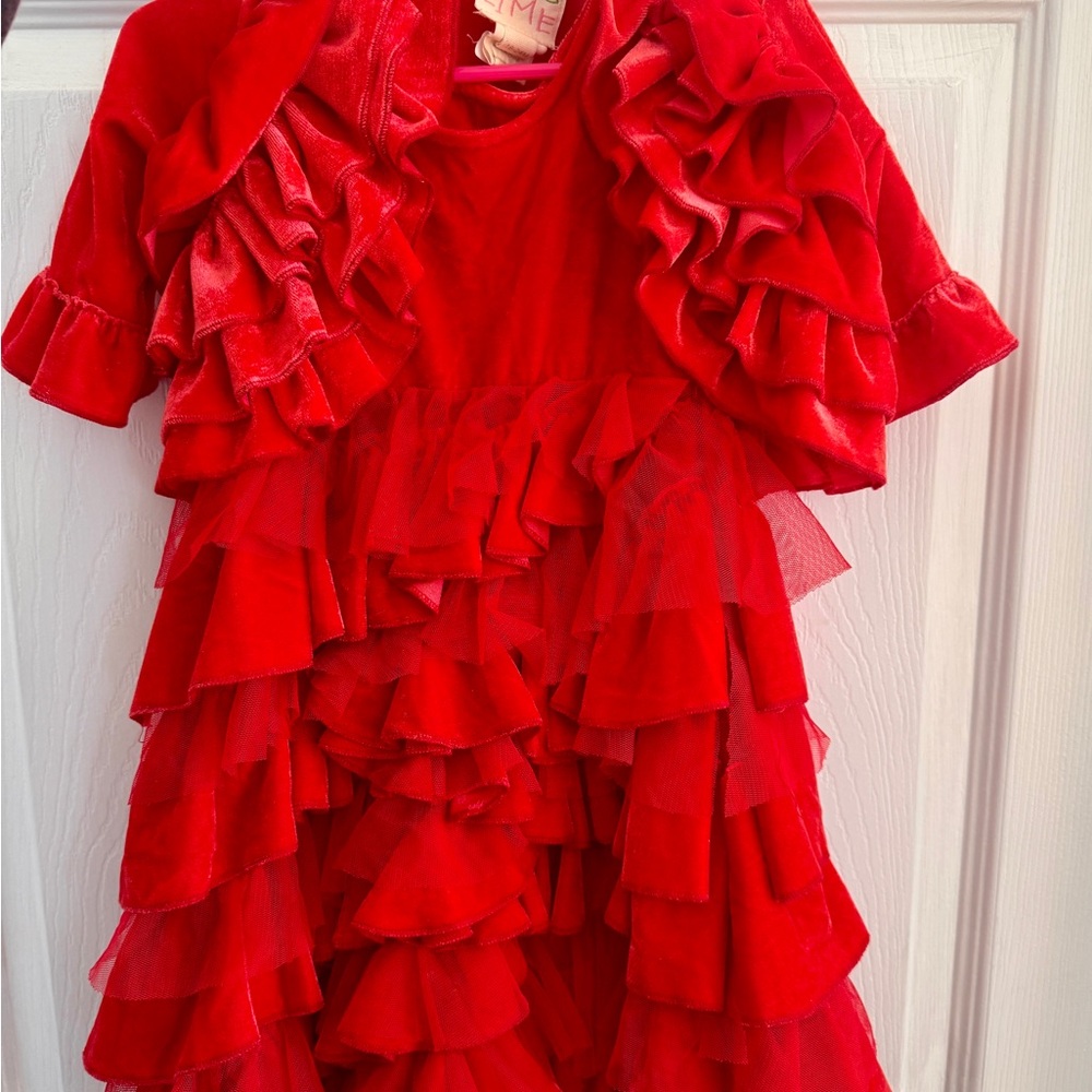Lemon Loves Lime Red Velvet Ruffled Dress with Bolero/ Shrug